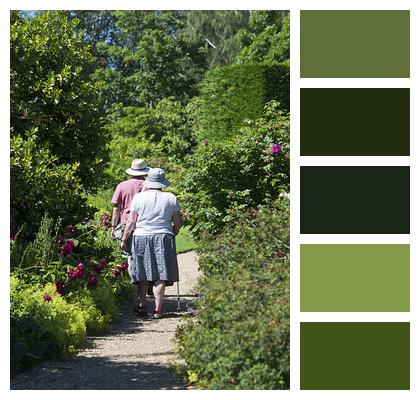 Elderly Couple Walking Garden Path Image